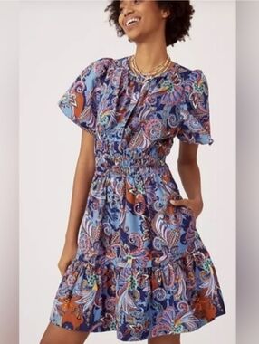 Anthropologie Blue Paisley Smocked Waist Women's Dress, SP